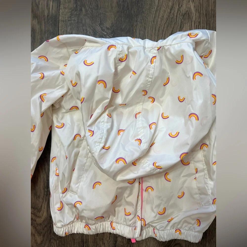 GAP Baby White Hooded Rain Jacket with Pink-Trim Rainbow Print